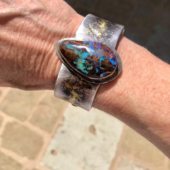 Sterling Silver, 14k gold, Boulder Opal Cuff - Picture 5 of 8